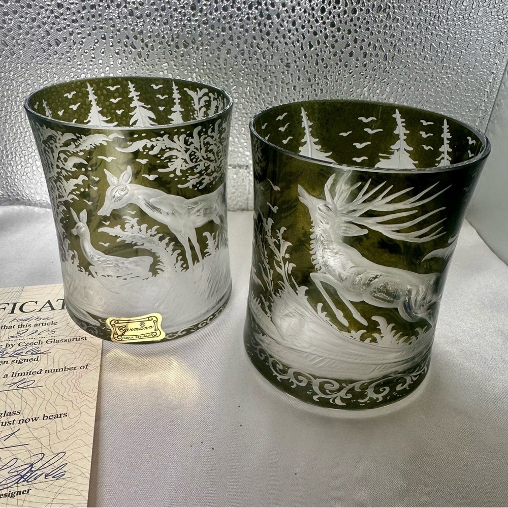 Egermann Czech Art Glass Deer Whiskey Glasses Limited Edition 1 of 10 COA - Picture 3 of 14